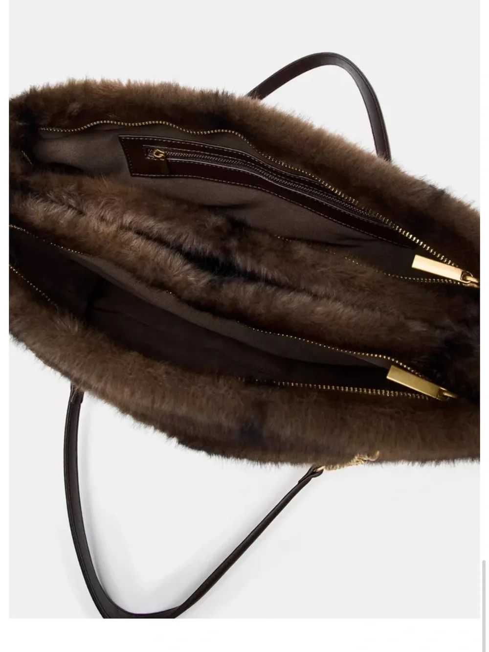 Zara Dark Brown Faux Fur Shoulder Bag with Gold Chain Detail